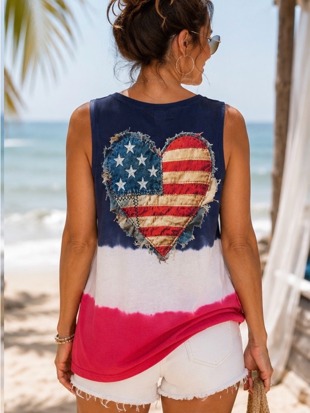 Chaps 2X Patriotic Tie Front Tank USA Flag Heart Back Red White Blue Top